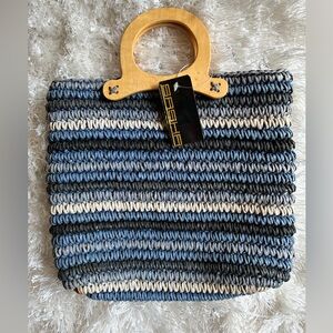 SASHA Blue and Ivory Striped Crochet Tote  Wood Handle Summer Beach Cottagecore